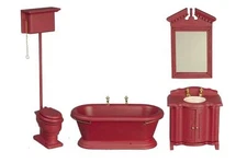 Dolls House Traditional Deep Red Wooden Bathroom Suite Furniture Set Miniature