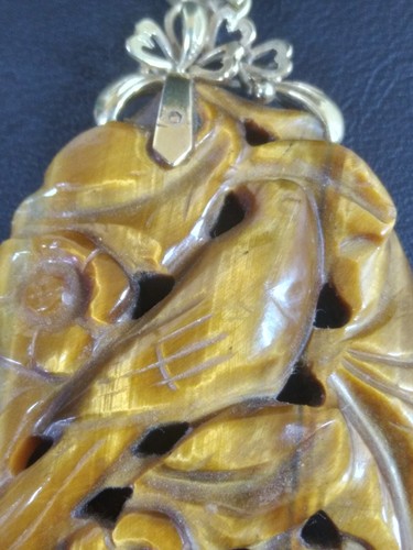 Estate Large 14K Gold Carved Bird and Flowers Tigers Eye Pendant - Picture 3 of 4