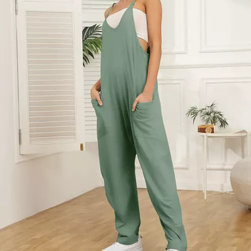 Womens Jumpsuits Loose Casual Rompers Sleeveless Spaghetti Strap Baggy Pockets - Picture 12 of 40