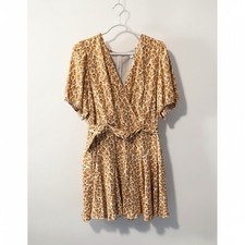 Nine West Abstract Floral Faux Wrap Dress XXL Short Puff Sleeve Belted Lined