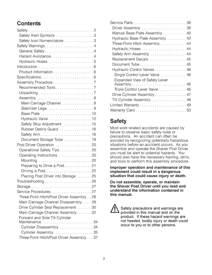 SHAVER Hydraulic Post Driver HD-8-H Operator Manual BINDING - TOUGH COVERED - Image 2 of 4