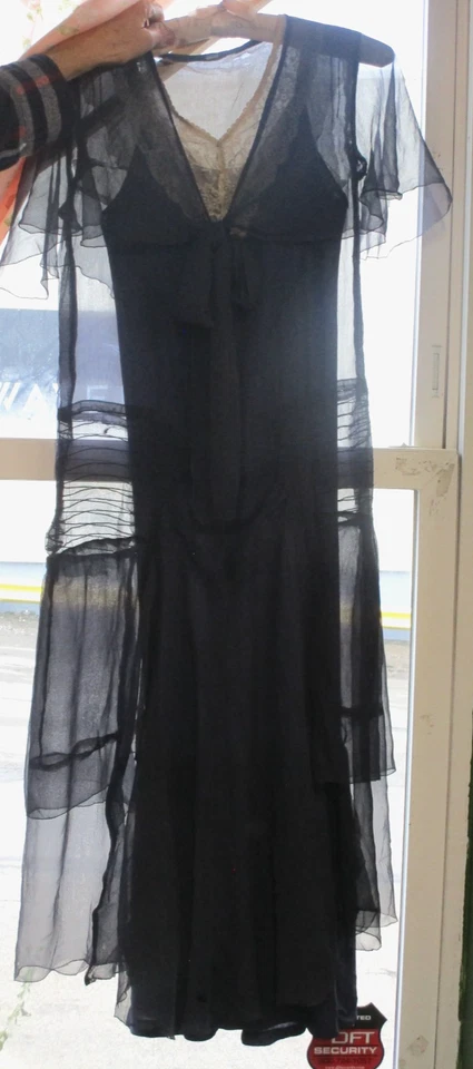 1920s Sheer Navy Silk Chiffon Dress w Slip & Gauntlets Downton Abbey Style XS-S - Image 4 of 4