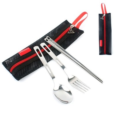 Tragbares Edelstahl Camping Geschirr Set: Löffel, Gabel, Essstäbchen & Tasche