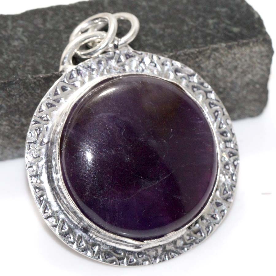 925 Silver Plated Amethyst Round Pendant 1.5 Inch Jewelry JW