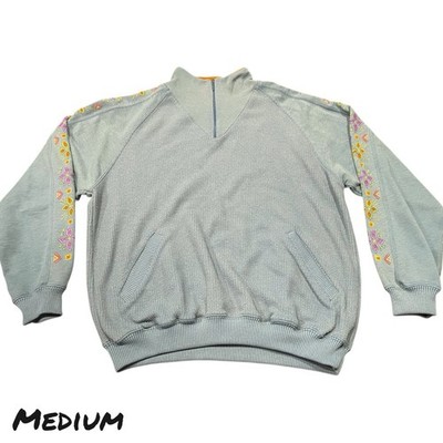 VTG 80s Blast Sweatshirt Medium Petites Teal Half Zip Floral Painted Sleeve