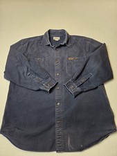 Carhartt Cotton Canvas Work Shirt Large Navy Blue Long Sleeve Distressed