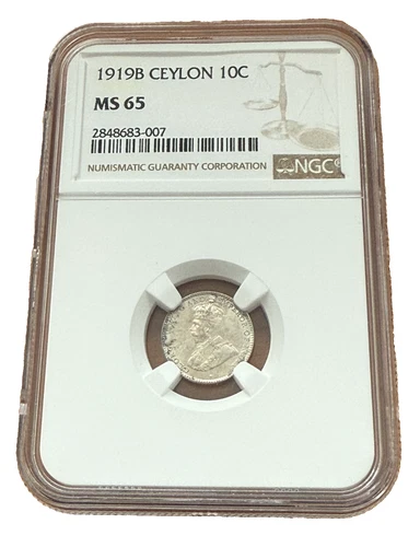 Ceylon 1919 B Silver 10 Cents NGC MS65 George V