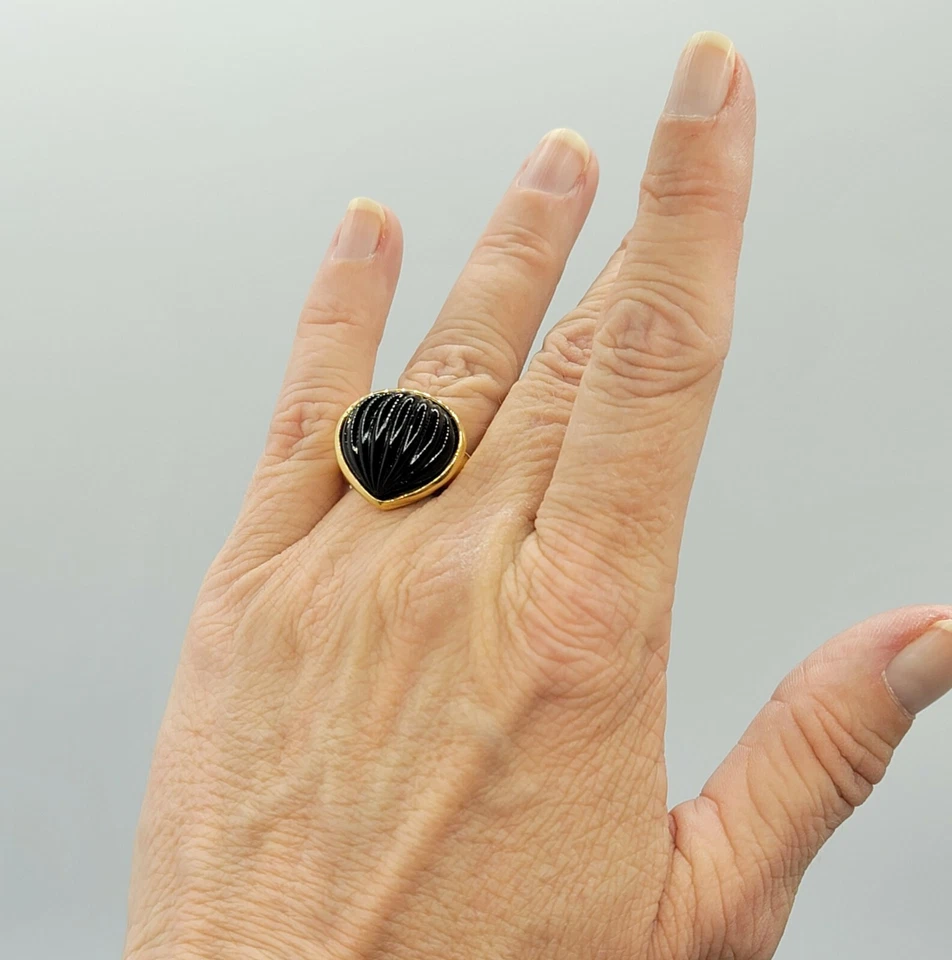 Anillo ESPO 14K GE Oro Electroplaca ESPOSITO Vidrio Negro Moldeado Talla 8 De Colección Foto 4 de 4