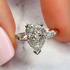 12x8mm Pear Cut VVS1 Moissanite 3 Stone Engagement Ring 14K White Gold Plated