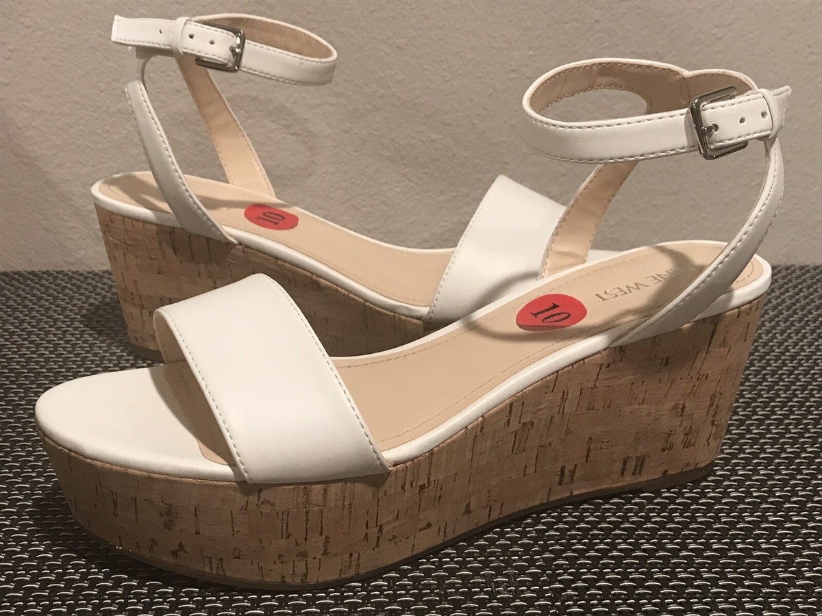 Sandales Compensées Nine West Blanc Cuir Liège - Taille 10 US Femme, Bride à Boucle, Neuve Sans Boîte