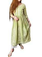 Women Cotton Embroidered Chikankari Work Anarkali Kurti Pant Set for Casual Wear