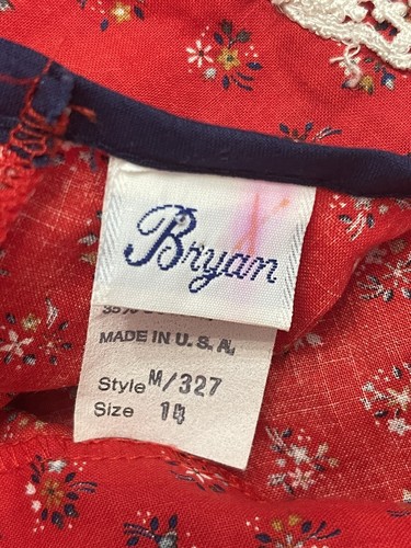 Vintage Bryan Red Floral Dress Girls Size 14 Prairie Country Core USA Made - Picture 5 of 6