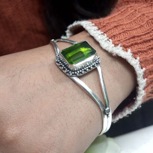 Peridote Topaz Gemstone 925 Sterling Silver Handmade Bracelet Cuff RM-25 - Picture 2 of 5