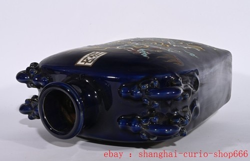 12"yuan blue glaze porcelain dragon loong Phoenix bird vase bottle pot A pair - Picture 8 of 9