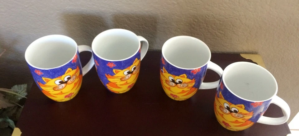 Juego de 4 tazas de porcelana naranja atigrado gato sobre azul de Konitz y 1 taza ¡Muy bonitas! Foto 2 de 4
