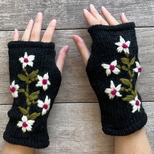 Fingerless Gloves Black Flower Wool Hand Knit Texting Mittens Fleece Lined
