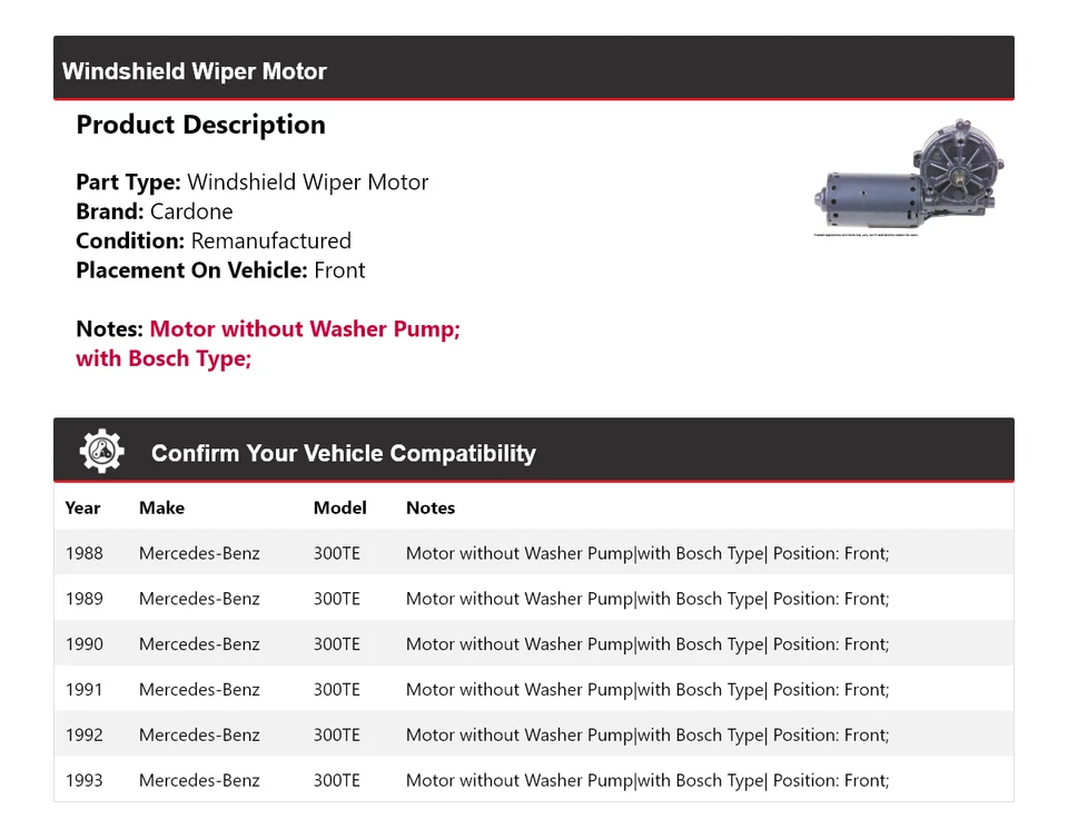 For 1988-1993 Mercedes-Benz 300TE Windshield Wiper Motor Front Cardone 1989 1990 — 第 2/4 张图片