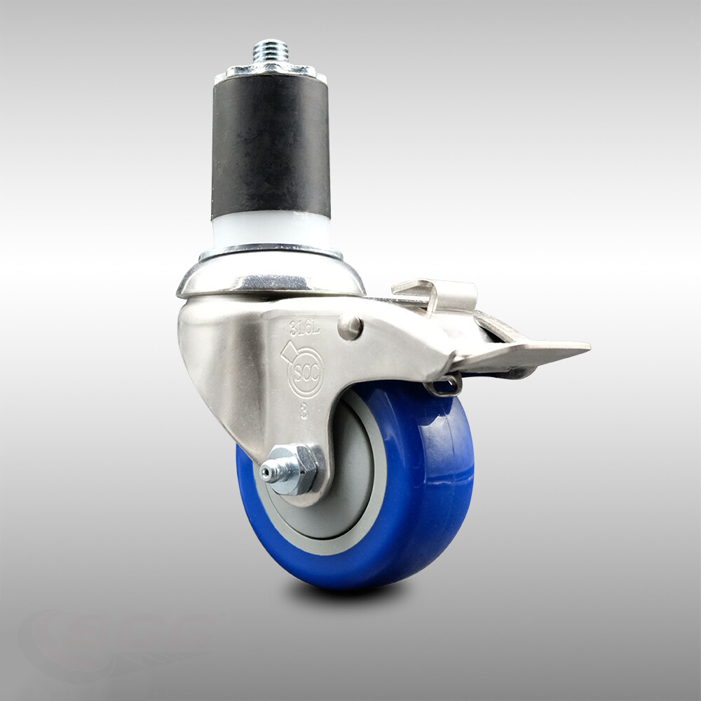 3 Inch 316SS Blue Poly Swivel 1-3/4 Inch Expanding Stem Caster