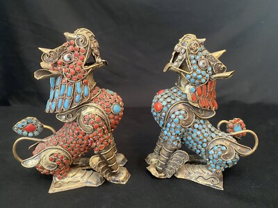 2 Vtg Chinese Foo Dog Lion Brass Turquoise Stone Red Coral Incense Burner Figure