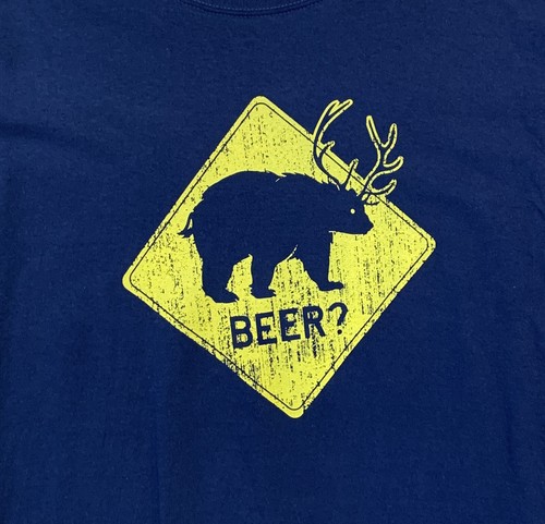 Beer? Road Sign Bear/Elk Drunk Funny Road Crossing T-Shirt Size Large Navy Blue - Picture 2 of 6