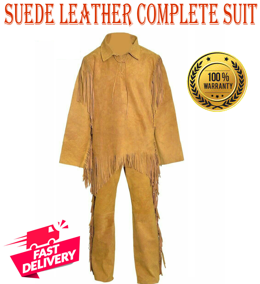 Men's Native American Buckskin Suede Leather Fringe War Shirt Pants Suit