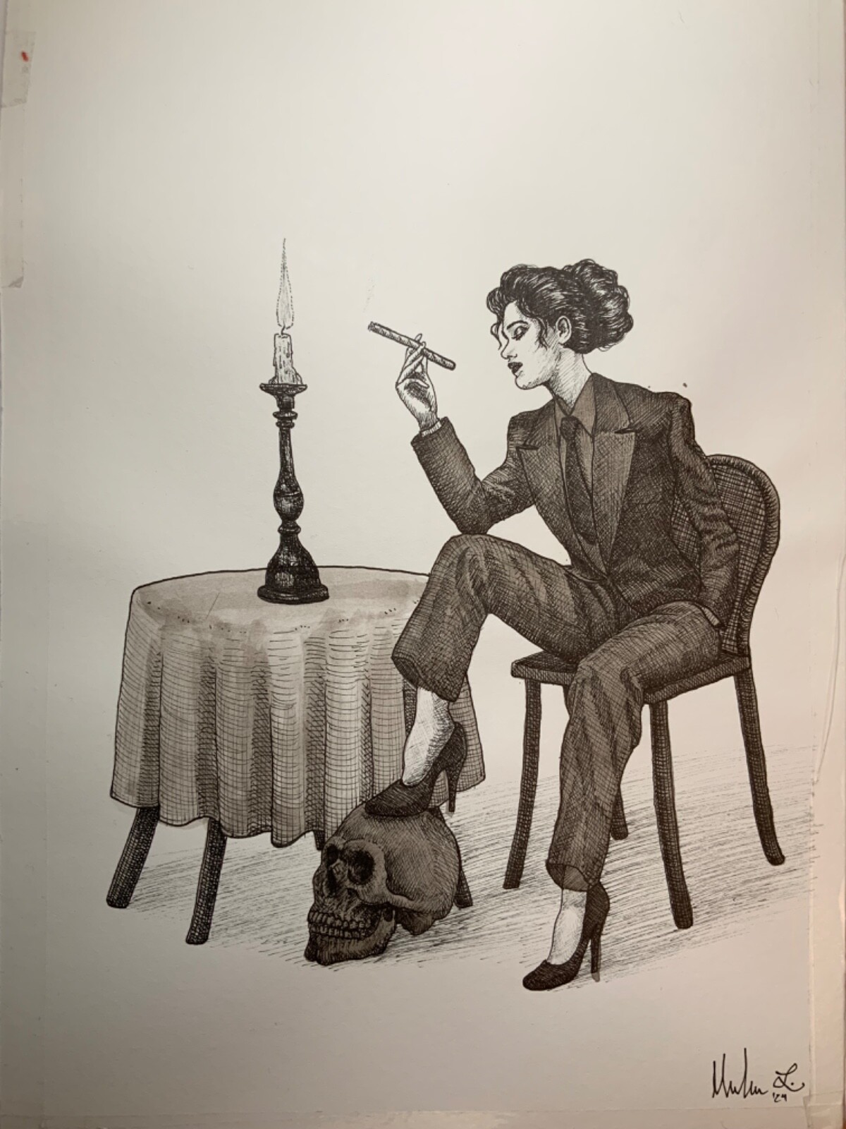 Rosalía, skull and candle, belluci, mystery, magritte, original by Milan Zazel