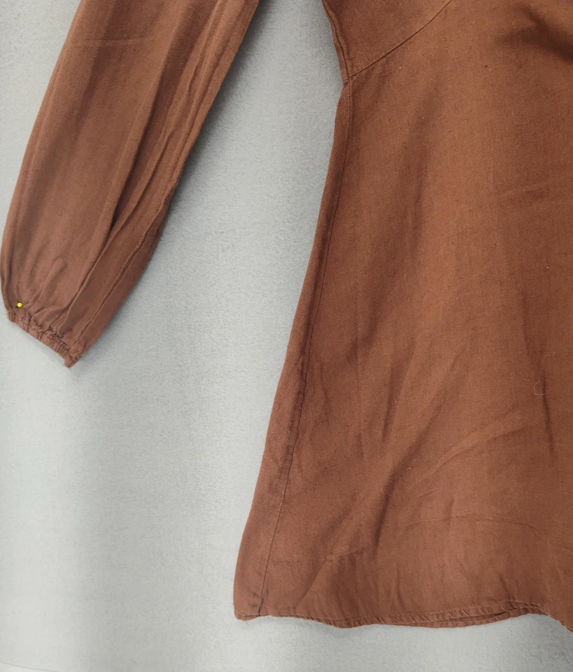 ASOS Dress Womens 4 Brrown Long Sleeve Linen Blend Boho Circle Ring Detail Mini - Image 4 of 4