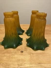 4 Vintage Green Amber Glass Tulip Lily Pad Lamp Shades Tiffany Style Replacement