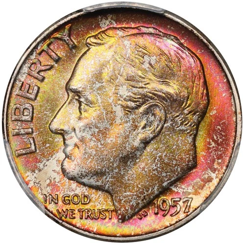 1957 D Toned Roosevelt Dime PCGS MS 67 See Video Toning Silver Coin 10C
