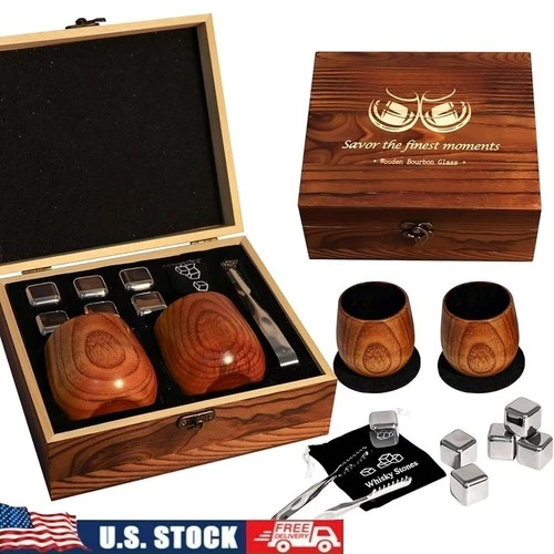 Wooden Whiskey Tumblers Gift Set W/ Steel Stones Coasters Box Bourbon Lovers New