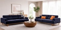 Polstergarnitur 4Sitzer 3Sitzer Sofa Stoff Modern Kissen Dunkelblau