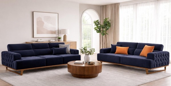 Polstergarnitur 4Sitzer 3Sitzer Sofa Stoff Modern Kissen Dunkelblau-image