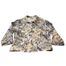 Chicos Linen Cotton Blend Abstract Print 3/4 Sleeve Denim Style Jacket Size 2