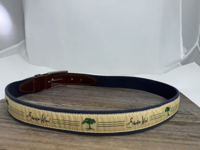 YRI Embroidered Canvas & Leather Golf Belt SHADOW WOOD Sz 34 Navy