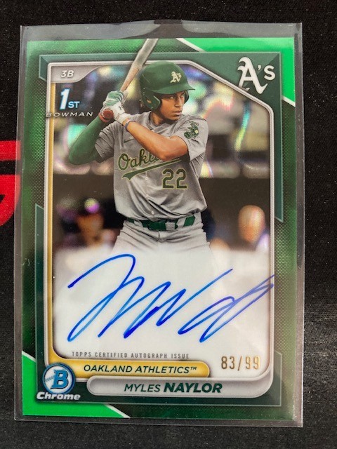 Myles Naylor 1st Bowman AUTO GREEN Refractor /99 – 2024 Bowman Chrome A’s