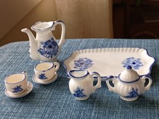 Adorable Miniature Delft Blue Floral and Windmill Tea Set with Tray, 9 piece set