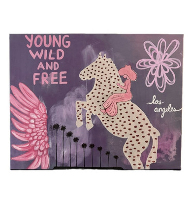 Original Hand-Painted Whimsical Cowgirl in LA  Young, Wild & Free  Horse Artwork