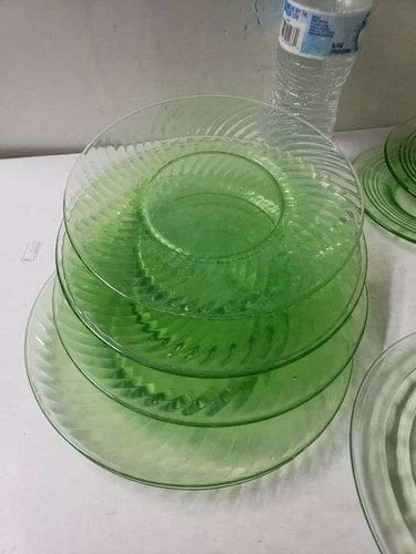 Glass Plates Vintage Green Uranium Depression Glass Spiral Patern 8 inch set of