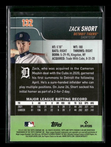 Zack Short 2022 Stadium Club Chrome #132 RC Detroit Tigers - Picture 2 of 2