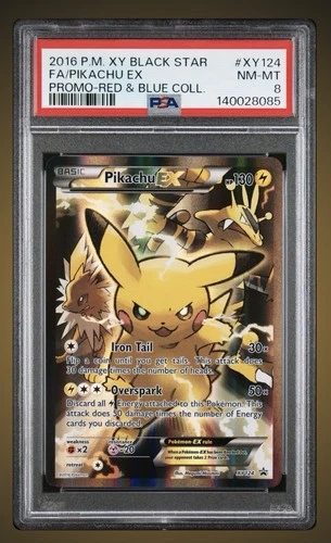 POKEMON XY BLACK STAR PROMO XY124 PIKACHU EX RED & BLUE COLLECTION PSA 8