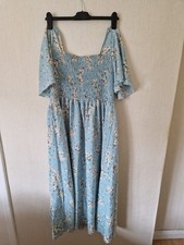 Mid-axi Dress, Size 22-24. Soft Greenish Blue, Cream Flowers. Flutter Sleeve VGC