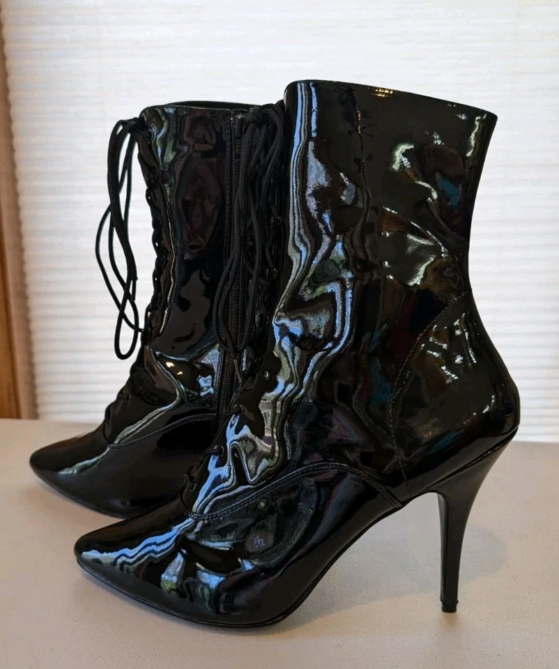 Black Patent Pointy Toe Boots High Heels Mens Drag Queen Crossdresser Womans 15 - Image 2 of 4