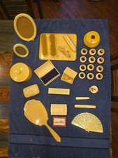 1920s French Ivory Celluloid 31pc Vanity Set Art Deco Fan Pristine MT Cards