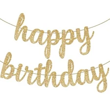 KatchOn Glitter Happy Birthday Banner - 10 Feet, Pre-Strung - Luxurious Gold
