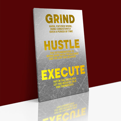 HUSTLE GRIND EXECUTE Motivational Definition LEINWAND Wandbild Kunstdruck GERAHMT