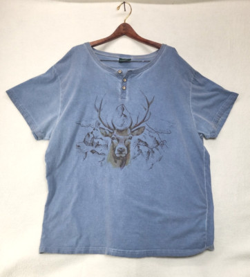 Kitzo Alpen Austria Buck Deer Henley Shirt Men's Size 3XL Short Sleeve Blue