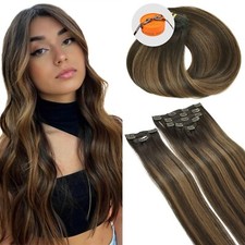 7pcs Clip in Hair Extensions Human Hair Extensions Dark Brown w/Chestnut 20"