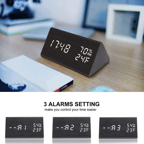 Digital Alarm Clock with Wooden Electronic LED Time Display Bedroom kitchen New - Picture 2 of 7