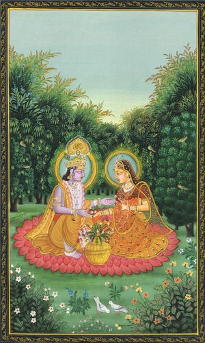 Pintura de escena de amor indio de Radha Krishna arte de amor en tela de seda 7x11 pulgadas - Imagen 3 de 5