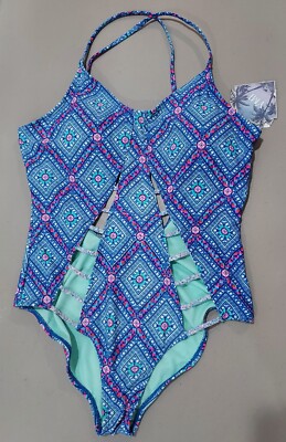 YMI One Piece Bathing Suit Women's Size XL NWT blue print w/front cutouts 